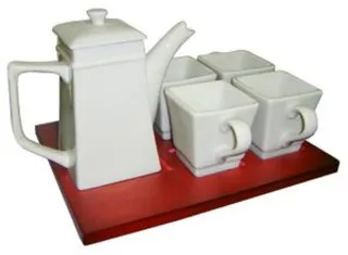 SET ZA KAVU/ČAJ NA TACNI, BC :3850007004702 SET 4 PORCULAN ŠALICE I POSUDOM ZA KAVU ILI ČAJ NA DRVENOM STALKU, TACNA DIM: 25x20x16 cm, ČAJNIK DIM: 15cm, 17cm, VISINA ŠALICE 7.5cm, OTVOR 6.5x6.5cm